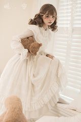 White [Good Night] Long Sleeves Double-Layered Ruffle Bowknot Lace-Up Holy Sweet Lolita Dress - Product - 7