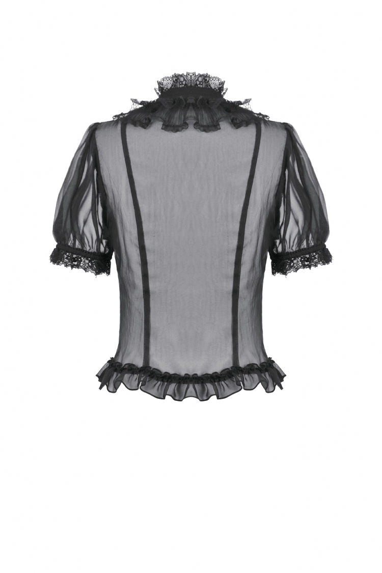 Black Multi-Layered Ruffled Lace Short Puff Sleeves Sheer Women's Courtly Gothic Blouse - Product - 11