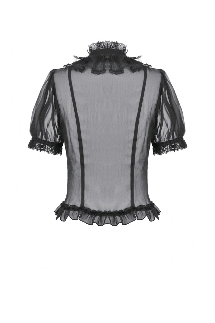 Black Multi-Layered Ruffled Lace Short Puff Sleeves Sheer Women's Courtly Gothic Blouse - Product - 11