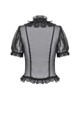 Black Multi-Layered Ruffled Lace Short Puff Sleeves Sheer Women's Courtly Gothic Blouse - Product - 11