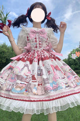 Red Plush Bear and Doll Print Ruffle Bowknot Lace Sweet Lolita Jsk Dress - Product - 7