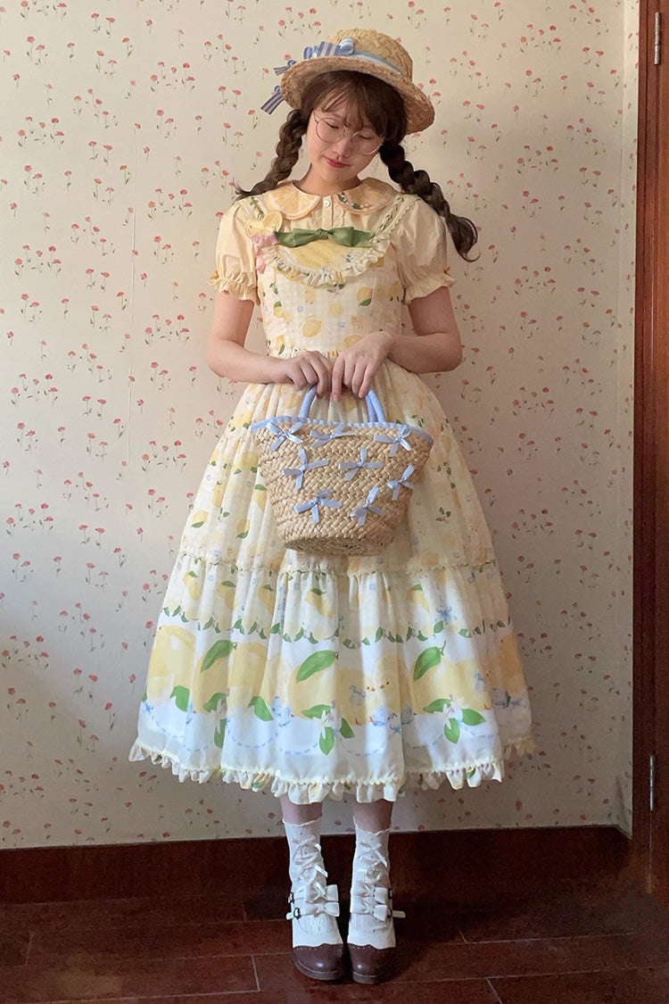 Yellow [Lemon Chicken] Print Ruffle Bowknot Lace Sweet Lolita Jsk Long Dress - Product - 11