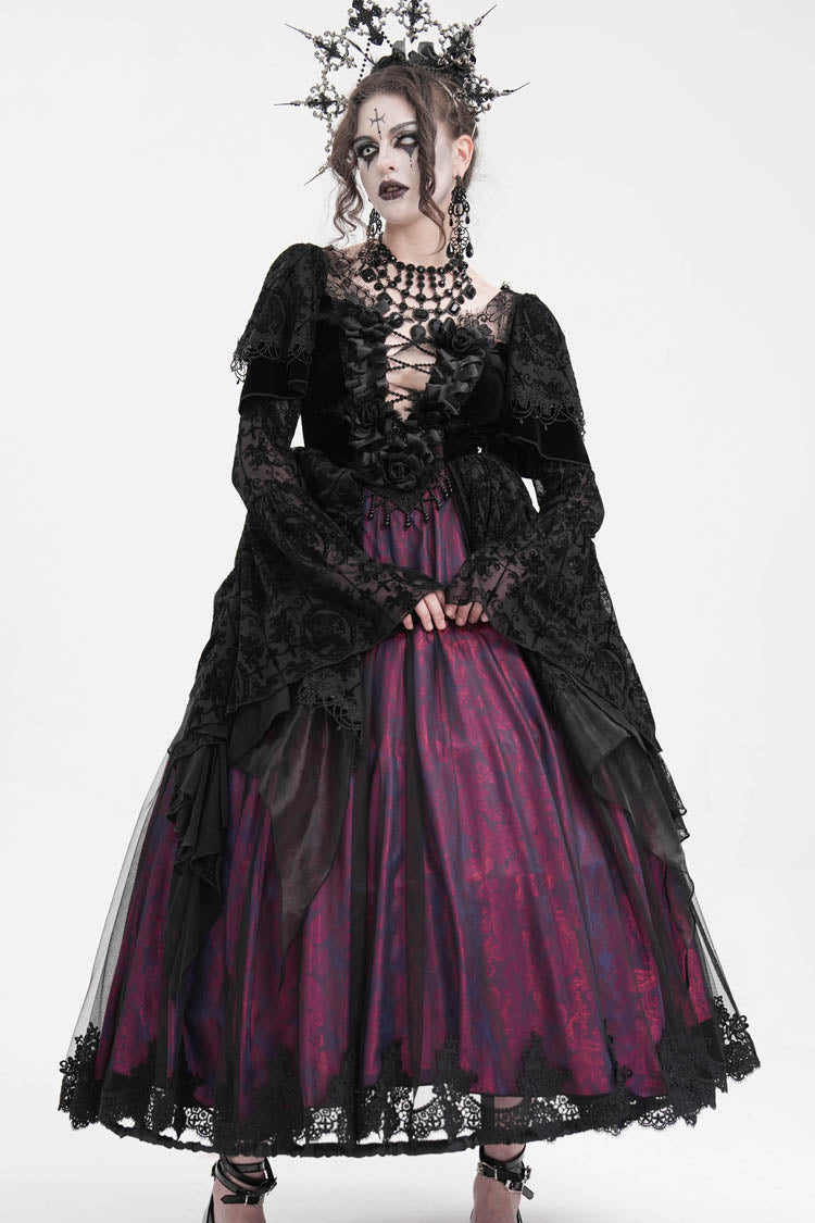 Black/Purple Crochet Long Sleeves Hanayome Lace Women's Gothic Dress - Product - 2