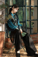 Black/Green Round Collar Long Sleeves Ruffle Embroidery Chinese Style Vintage Handsome Ouji Lolita Set - Product - 10
