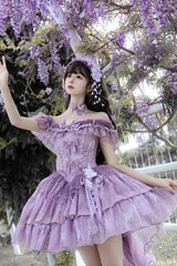Purple [Wisteria Wonderland] Double-Layered Bow Lace-Up Sweet Elegant Princess Ballet Lolita Jsk Dress - Purple - 1