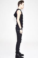 Black Sleeveless Ripped Side Ribbons Lace-Up Hooded Men's Punk T-Shirt - Product - 5