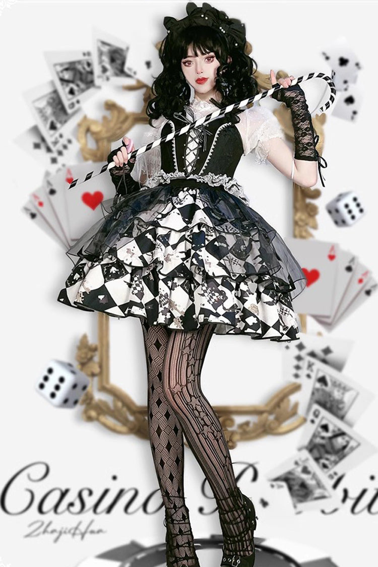 Black/White [Board Games] Triple-Layered Print Ruffle Vintage Lolita Skirt - Product - 7