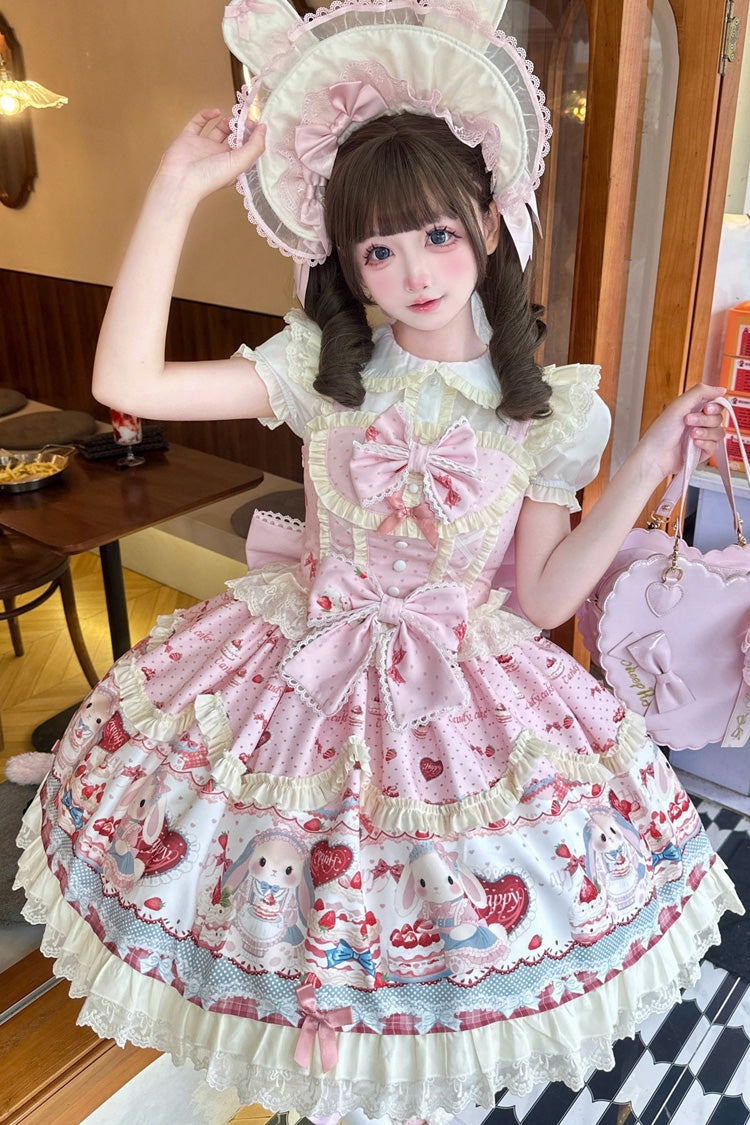 Pink [Cute Rabbit Party] Sleeveless Double-Layered Printed Ruffled Bow Sweet Lolita Jsk Dress - Product - 2