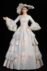 Light Blue Hime Sleeves High Waisted Round Collar Lace Stitching Hollow Embroidery Flower Print Victorian Lolita Prom Dress - Product - 2