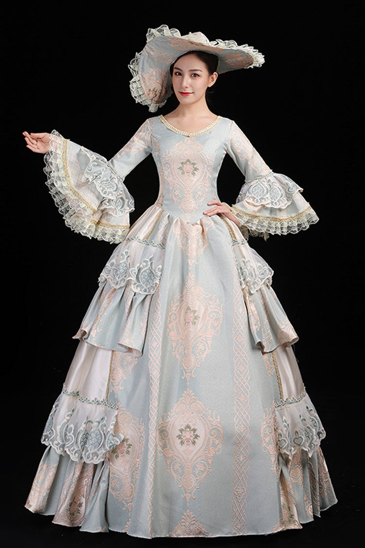 Light Blue Hime Sleeves High Waisted Round Collar Lace Stitching Hollow Embroidery Flower Print Victorian Lolita Prom Dress - Product - 2