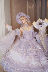 Purple [The Runaway Princess] Sleeveless Multi-Layered Printed Hanayome Bow Lace Pearl-Decorated Sweet Plus Size Gorgeous Lolita Jsk Dress - Product - 3
