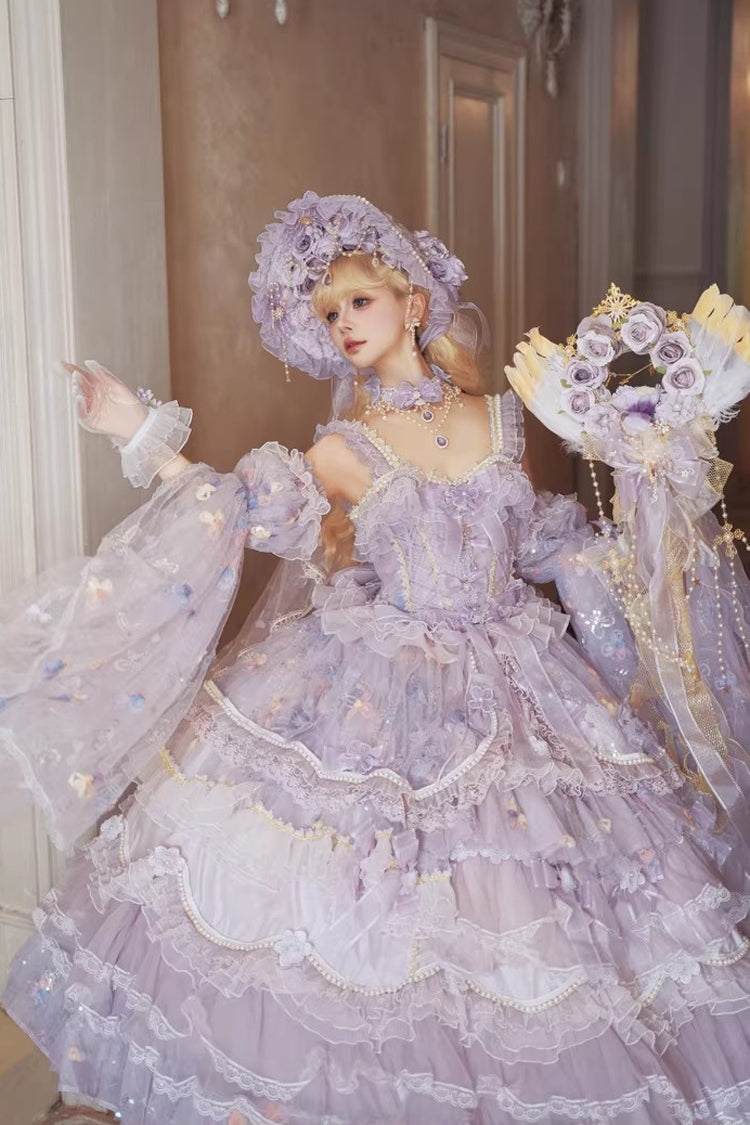 Purple [The Runaway Princess] Sleeveless Multi-Layered Printed Hanayome Bow Lace Pearl-Decorated Sweet Plus Size Gorgeous Lolita Jsk Dress - Product - 3
