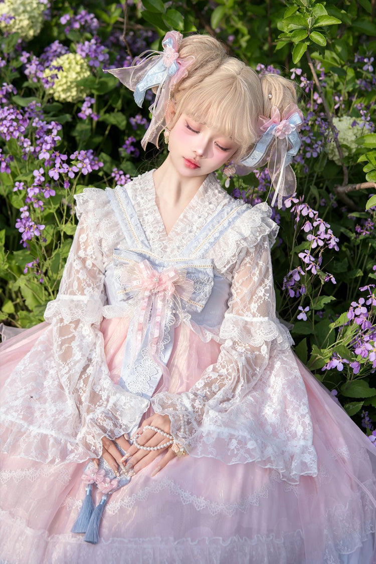 [Peach Blossoms in Spring Fields] Sleeveless Ruffle Bowknot Lace Sweet Chinese Style Lolita Jsk Dress 3 Colors - Product - 12