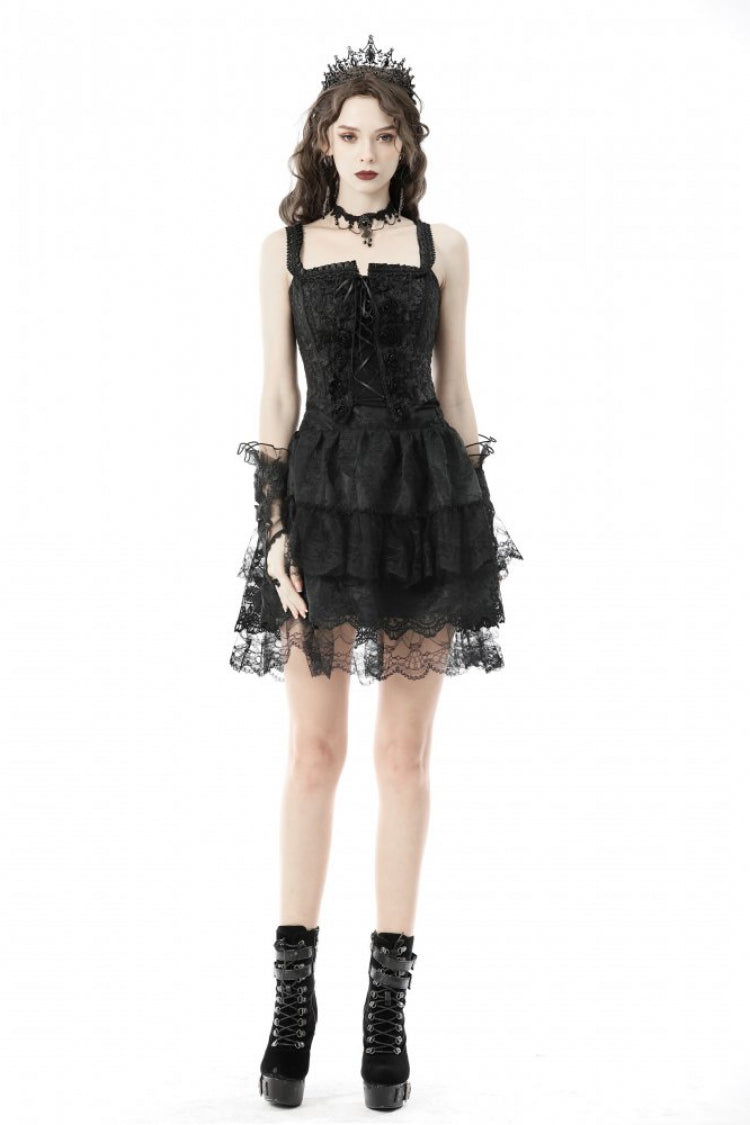 Black Floral Jacquard Lace-Up Women's Gothic Overbust Corset - Black - 1