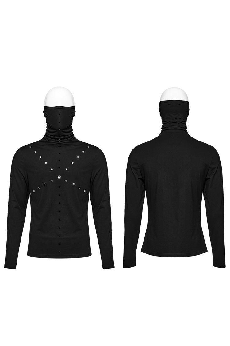 Black Long Sleeves Rivet Mesh Men's Punk Blouse with Undetachable Mask - Product - 5
