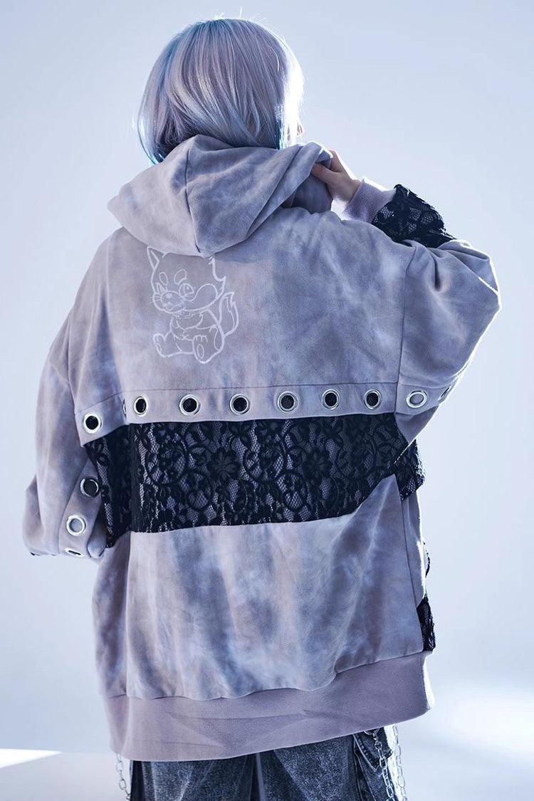 Color Blocking Long Sleeves Print Hooded Tie-dyed Zipper Jirai Kei Japanese Coat - Product - 2