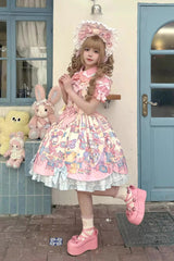 Cream Yellow [Rainbow Buffy Bunny] Sleeveless Double-Layered Ribbon Doll Printed Ruffled Bow Sweet Lolita Jsk Dress Set - Product - 3