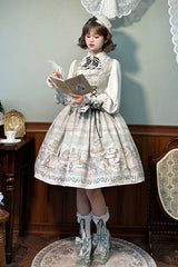 [Iris Study] Square Collar Print Bowknot Lace-Up Sweet Lolita Jumper Dress 2 Colors - Product - 10