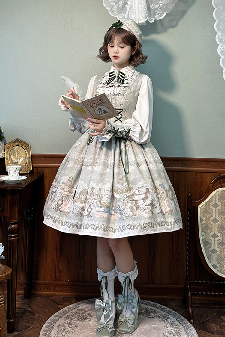 [Iris Study] Square Collar Print Bowknot Lace-Up Sweet Lolita Jumper Dress 2 Colors - Product - 10