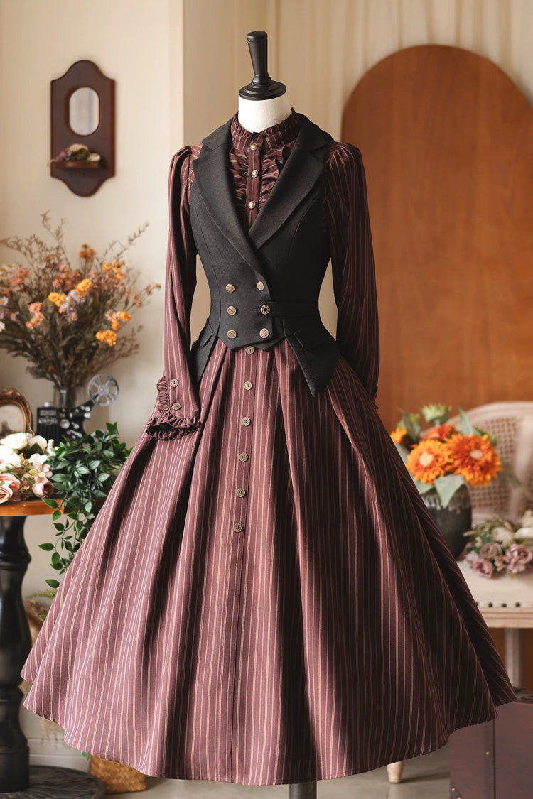 [Forest Castle] Stand Collar Long Sleeves Striped Printed Ruffled Classic Vintage Elegant Lolita Dress 3 Colors - Dark-Red(Dress-Only) - 1