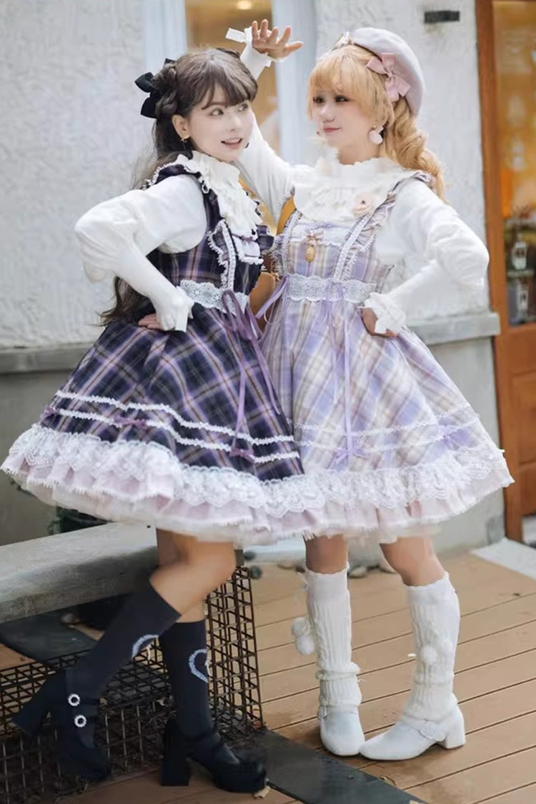 Pink/Purple [Endless Summer] High Waisted Printed Ruffled Bow Lace Sweet Princess Lolita Jsk Dress 2 Versions - Product - 3