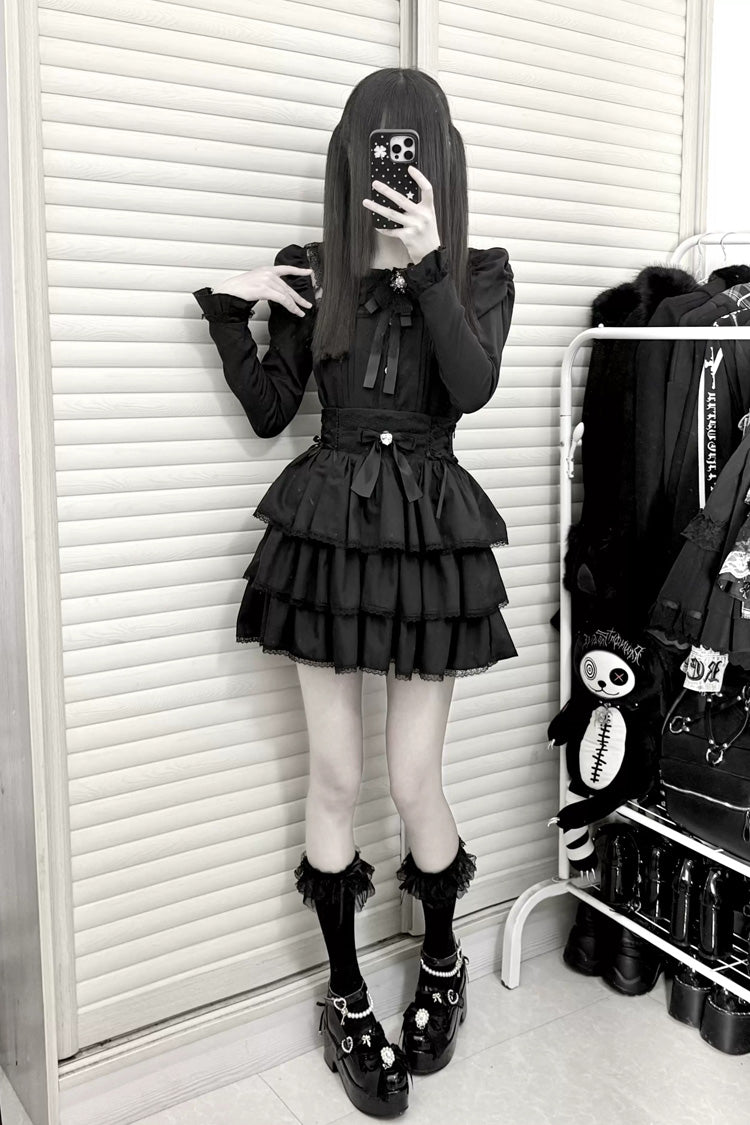 Jirai Kei Doll Collar Long Sleeves Triple-Layered Ruffled Bow Lace Japanese Skirt Blouse Set 2 Colors - Product - 12