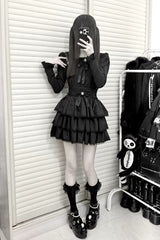 Jirai Kei Doll Collar Long Sleeves Triple-Layered Ruffled Bow Lace Japanese Skirt Blouse Set 2 Colors - Product - 12