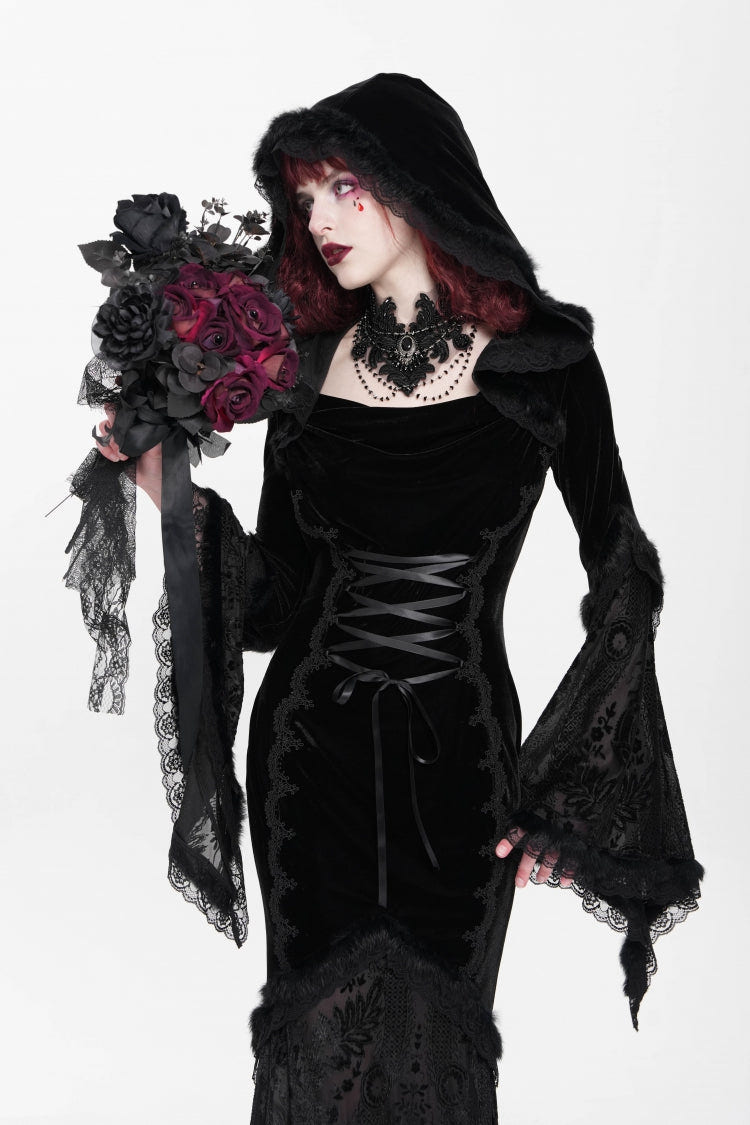 Black Long Trumpet Sleeves Embroidery Stitching Lace Hooded Mesh Women's Gothic Dress - Product - 6