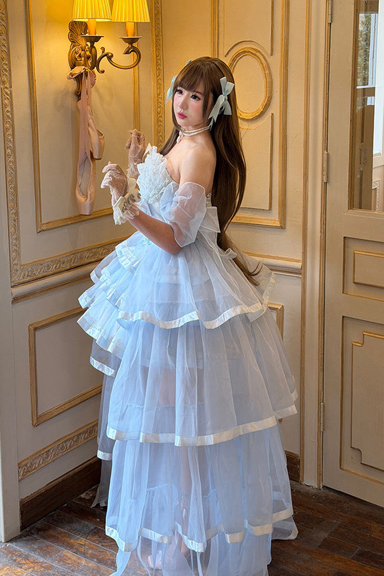 Blue [Mousse Love Song] Off Shoulder Sleeveless Triple-Layered Ruffled Hanayome Bow Sweet Elegant Ballet Lolita Short Dress Set - Sleeves(Only) - 5