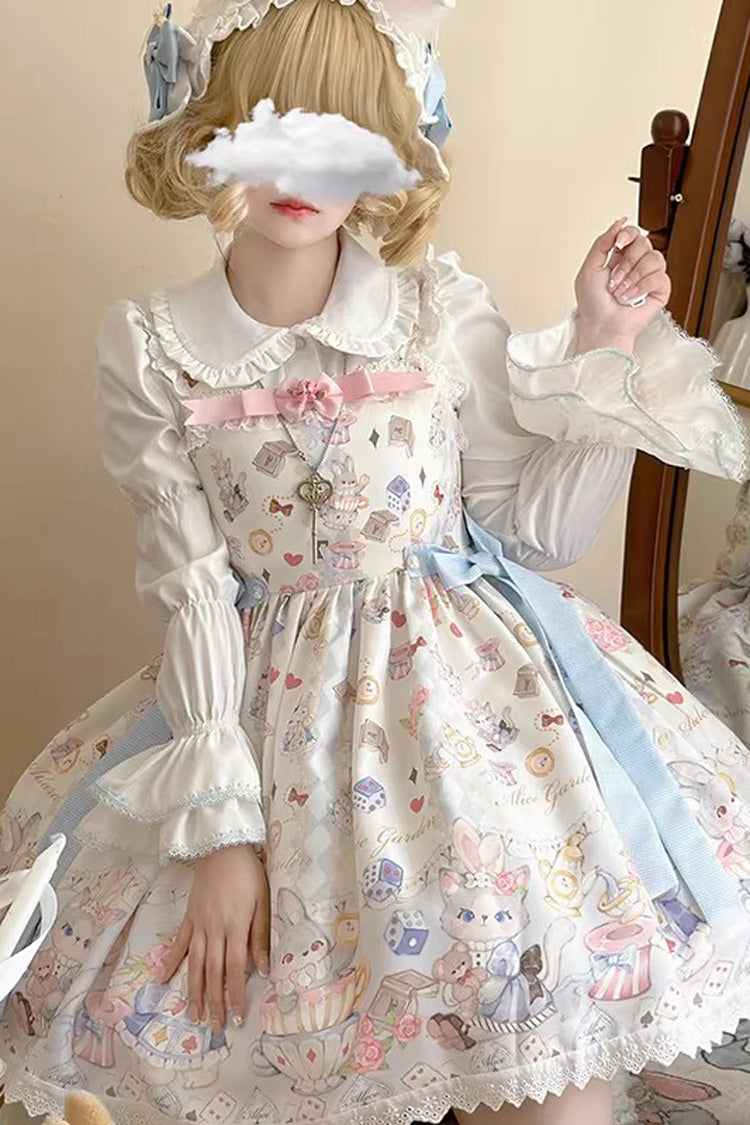 アイボリー ノースリーブ プリント フリル リボン プリンセス ロリータ ストラップ ワンピースセット 商品画像