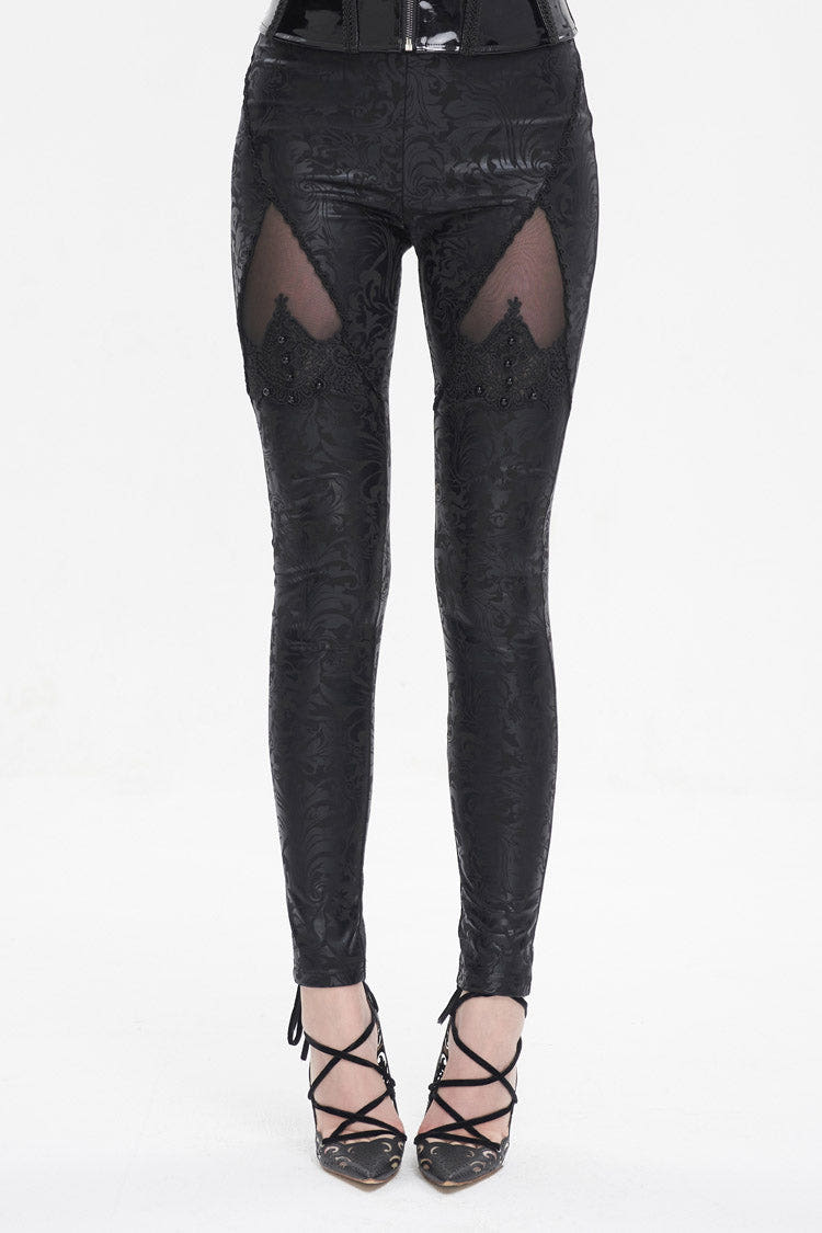 Black Floral Embroidered Mesh Splice Women's Gothic Leggings - Black - 1