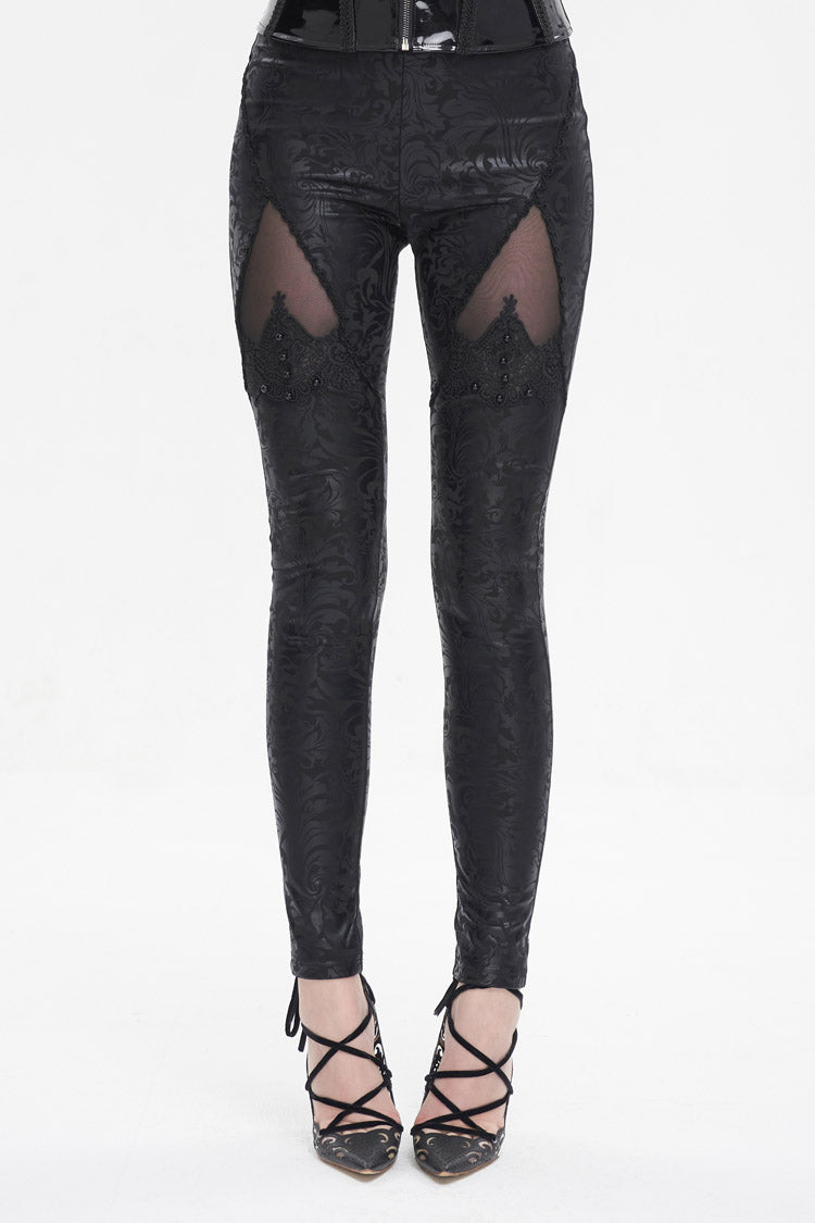 Black Floral Embroidered Mesh Splice Women's Gothic Leggings - Black - 1