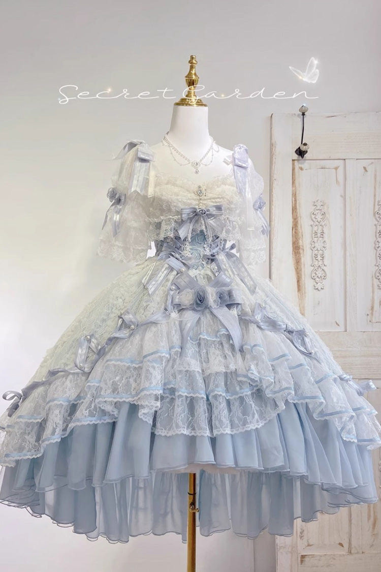 Blue [Diane Rose] Short Sleeves Multi-Layered Jacquard Ruffle Hanayome Cardigan Bowknot Lace Sweet Lolita Dress - Product - 19