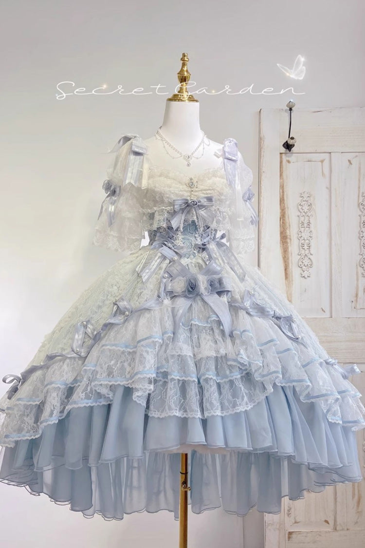 Blue [Diane Rose] Short Sleeves Multi-Layered Jacquard Ruffle Hanayome Cardigan Bowknot Lace Sweet Lolita Dress - Product - 19