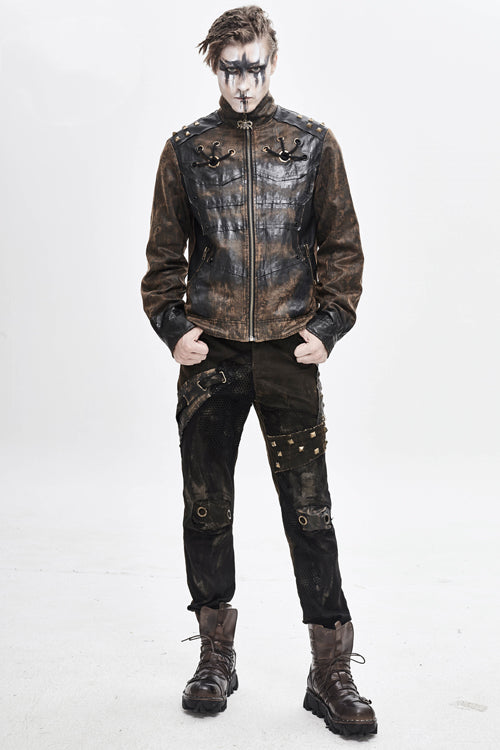 Brown Metallic Spiked Ragged Punk Slim Mens Pants - Product - 4