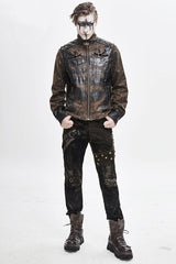 Brown Metallic Spiked Ragged Punk Slim Mens Pants - Product - 4