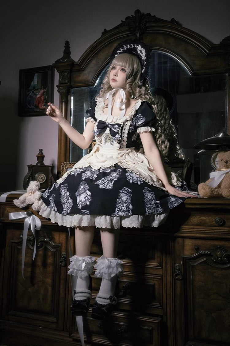 Doll Night Short Sleeves Print Ruffle Embroidery Bowknot Gothic Lolita Dress 2 Colors - Product - 2