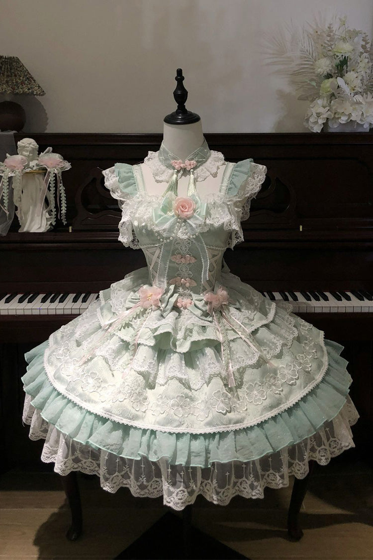 Green [Rain of Peaches] Sleeveless Multi-Layered Bowknot Lace Sweet Chinese Style Lolita Jsk Dress - Product - 2