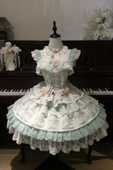 Green [Rain of Peaches] Sleeveless Multi-Layered Bowknot Lace Sweet Chinese Style Lolita Jsk Dress - Product - 2