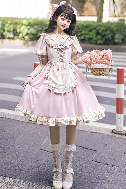Round Collar Puff Doll Short Sleeves High Waist Bowknot Sweet Lolita Op Dress - Pink - 7