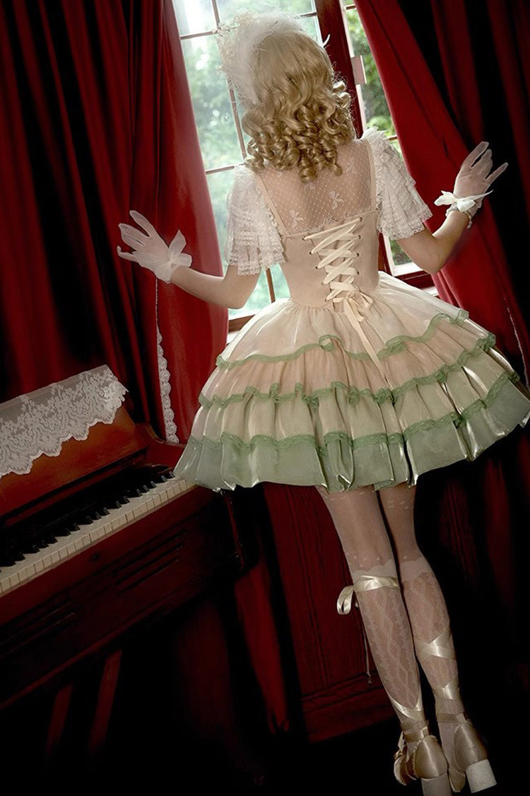 Ivory/Green Glass Dream Multi-layer Ruffle Fish Bone Sweet Lolita Jsk Dress - Product - 9
