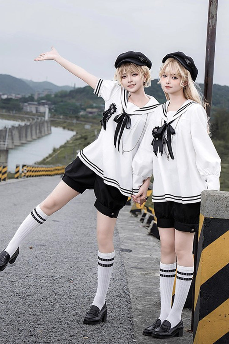 Black/White [Old Stories] Navy Collar Long Sleeves Bowknot Ouji Gothic Lolita Blouse Shorts Set - Black/White - 1