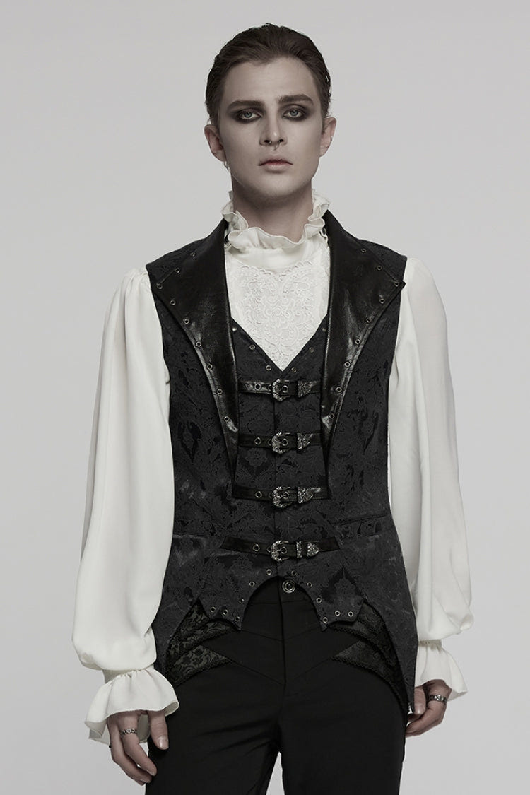 Black Lapel V-neck Sleeveless Jacquard Buckle Men's Gothic Vest - Black - 1