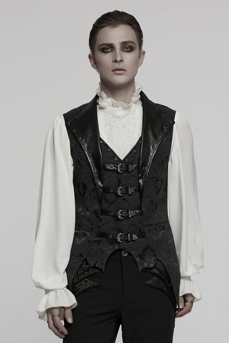 Black Lapel V-neck Sleeveless Jacquard Buckle Men's Gothic Vest - Black - 1