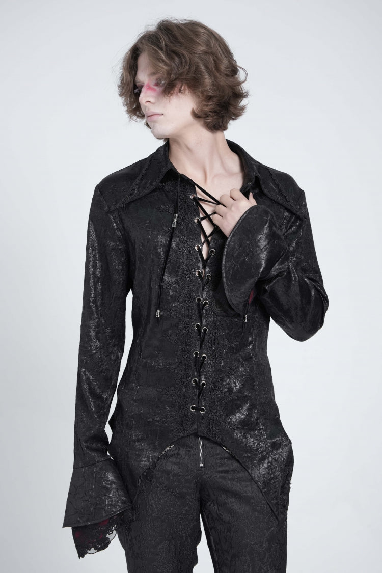 Black Long Trumpet Sleeves Lace-Up Men's Gothic Swallow-tailed Blouse - Product - 2