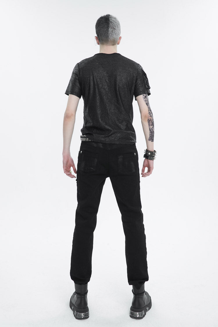 Black Vintage Print Buckle Splice Faux Leather Men's Punk T-Shirt - Product - 5