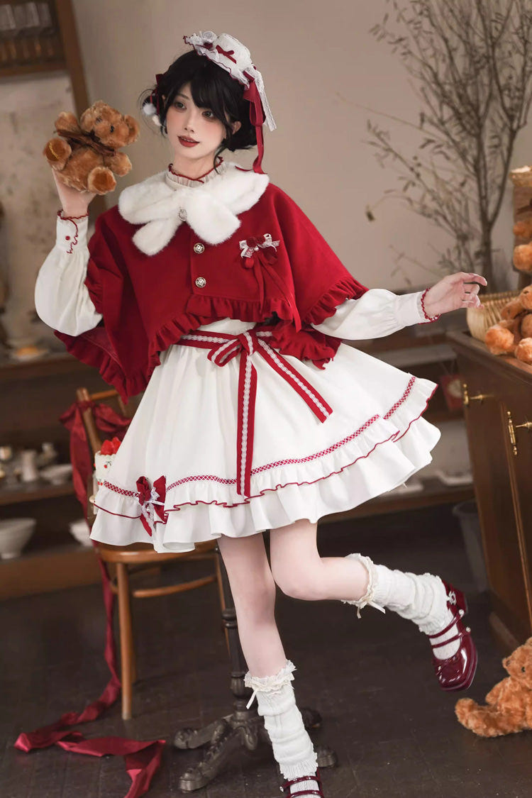 Red/White [Red Vow] Stand Collar Long Sleeves Multi-Layered Ruffled Bow Sweet Lolita Dress - Product - 10