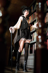 Black [Rabbit-Ear Meteorite] Stand Collar Long Sleeves Ruffled Embroidered Bow Gothic Ouji Lolita Shorts Vest Set - Product - 9