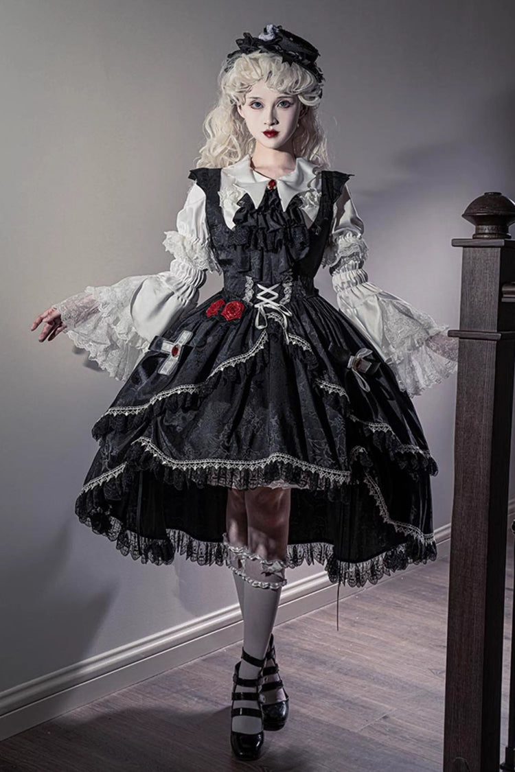 Black [Night Rose] Ruffle Bowknot Lace-Up Short Front and Long Back Gothic Gorgeous Lolita Jsk Dress - Black - 1