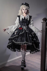 Black [Night Rose] Ruffle Bowknot Lace-Up Short Front and Long Back Gothic Gorgeous Lolita Jsk Dress - Black - 1